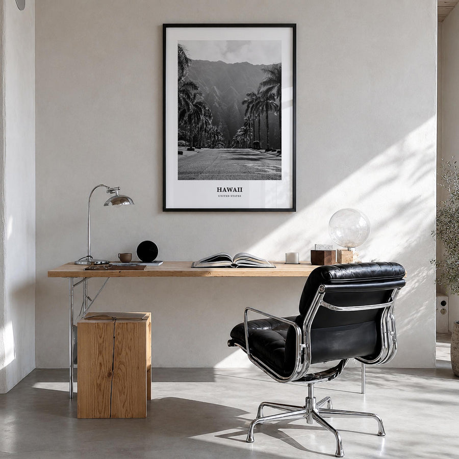 Hawaii no. 1 black & white classic poster of United States – vertical wall art in black wood frame, hanging on wall