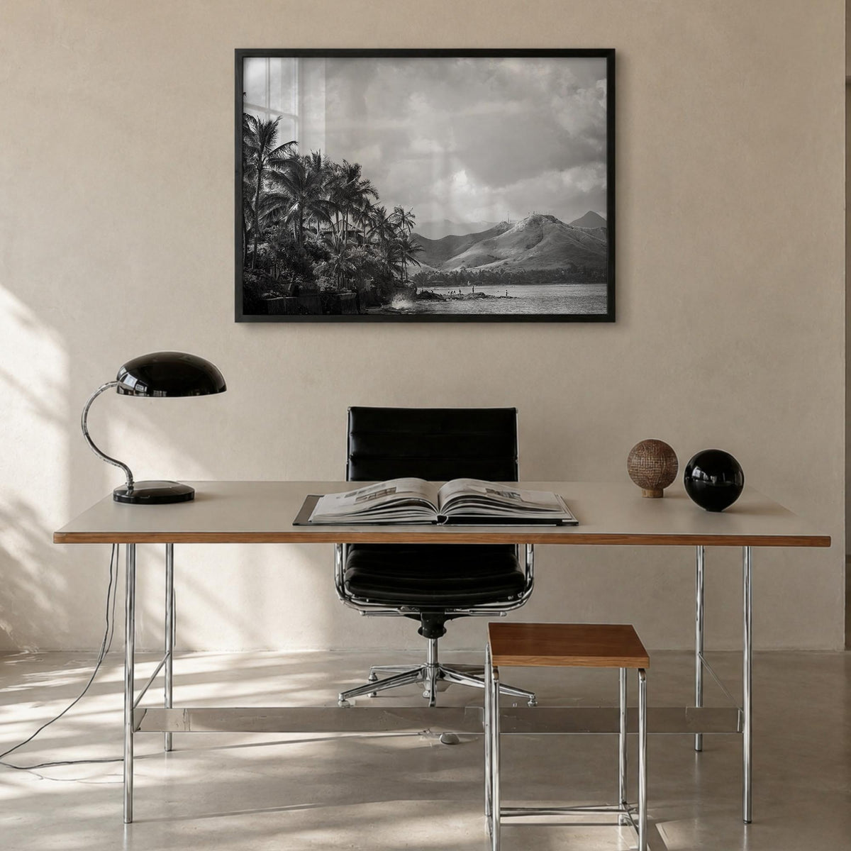 Hawaii no. 1 black & white photo poster of United States – horizontal wall art in black wood frame, hanging on wall