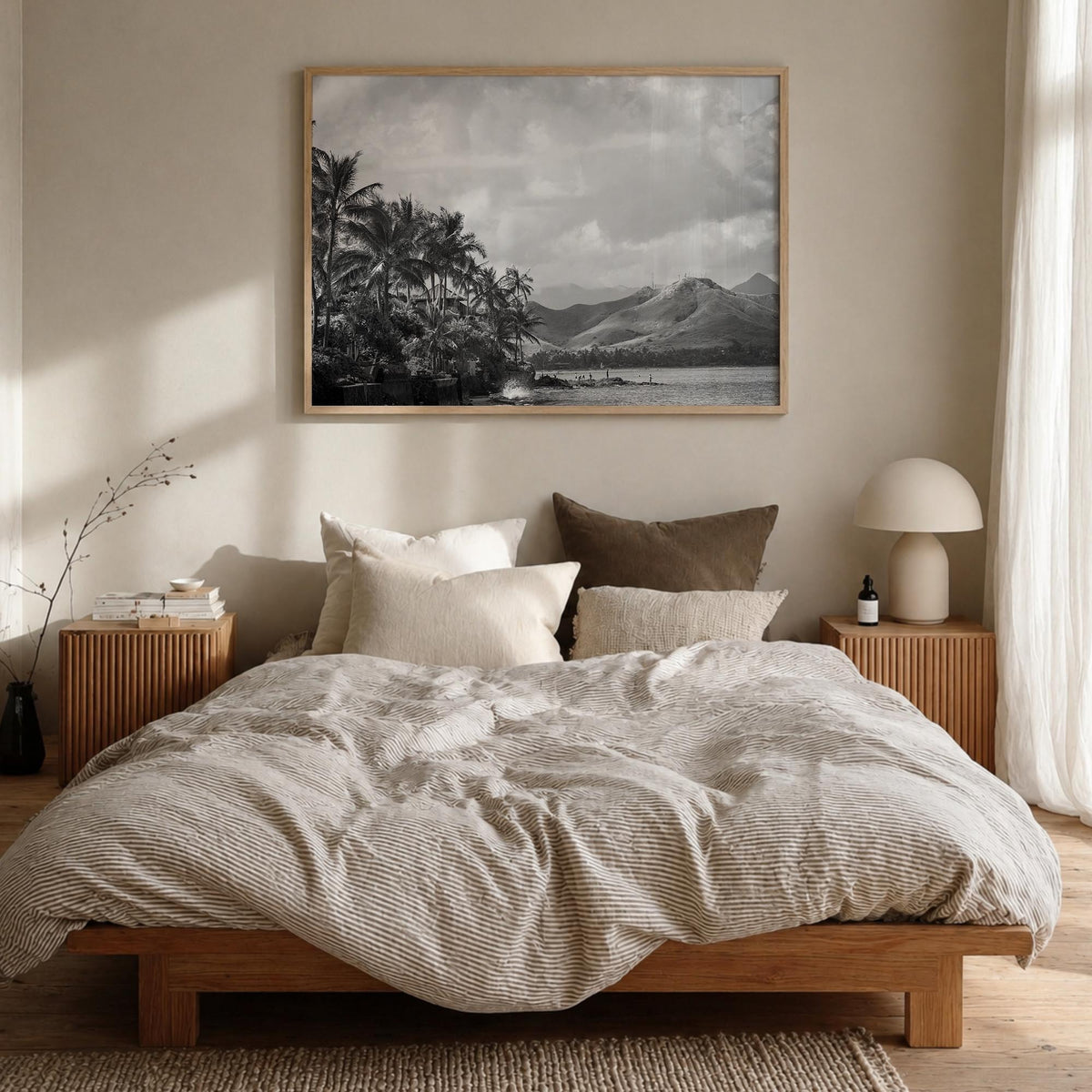 Hawaii no. 1 black & white photo poster of United States – horizontal wall art in natural wood frame, hanging on wall