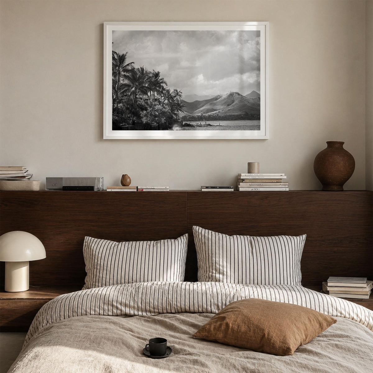 Hawaii no. 1 black & white photo poster of United States – horizontal wall art in white wood frame with white border, hanging