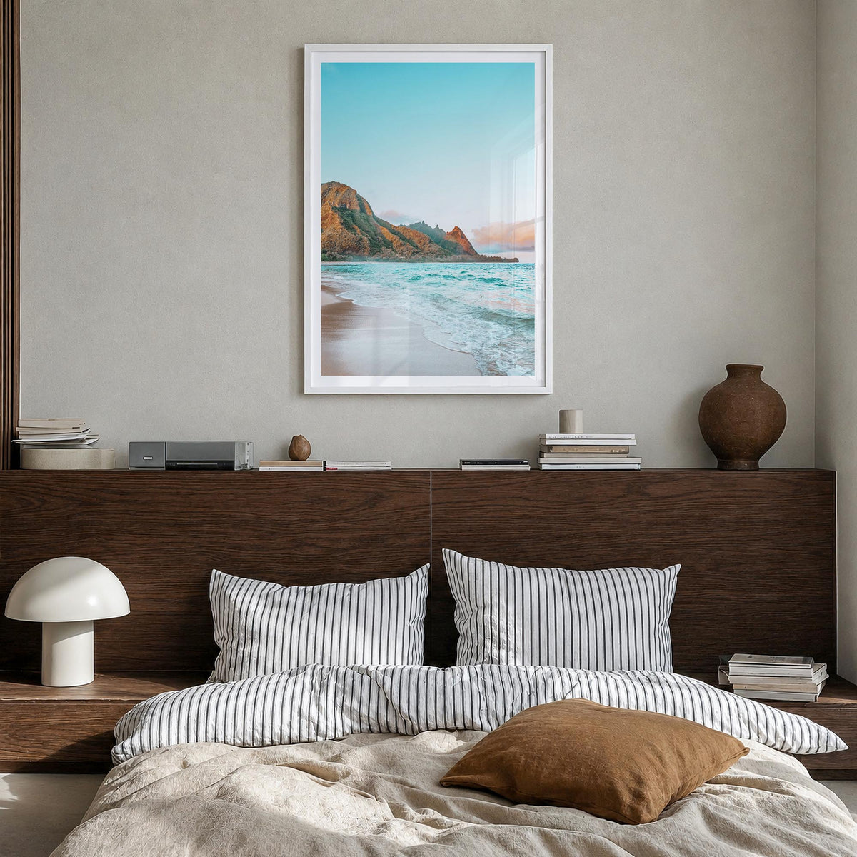 Hawaii no. 1 colorful photo poster of United States – vertical wall art in white wood frame with white border, hanging on wal