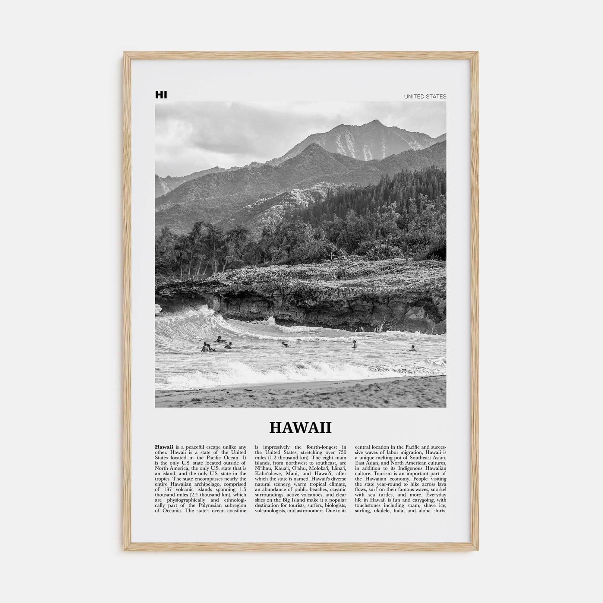 Hawaii No 1 Poster Natural Wood / 8x12 in Nbourhood Travel B&W Poster