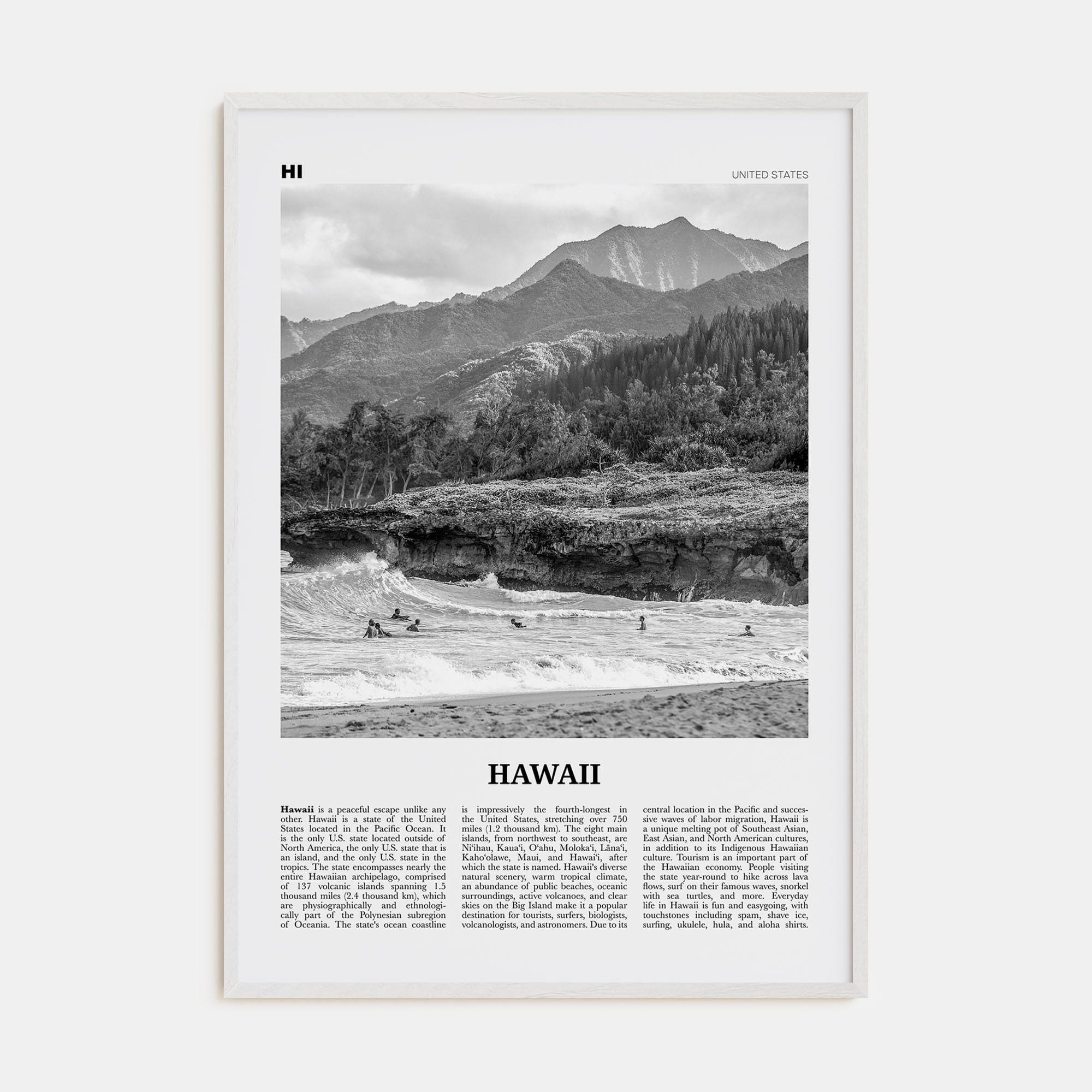 Hawaii No 1 Poster White Wood / 8x12 in Nbourhood Travel B&W Poster