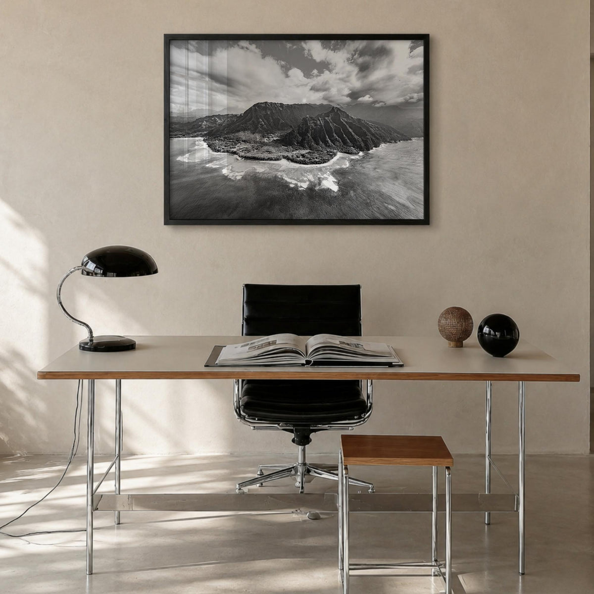 Hawaii no. 2 black & white photo poster of United States – horizontal wall art in black wood frame, hanging on wall