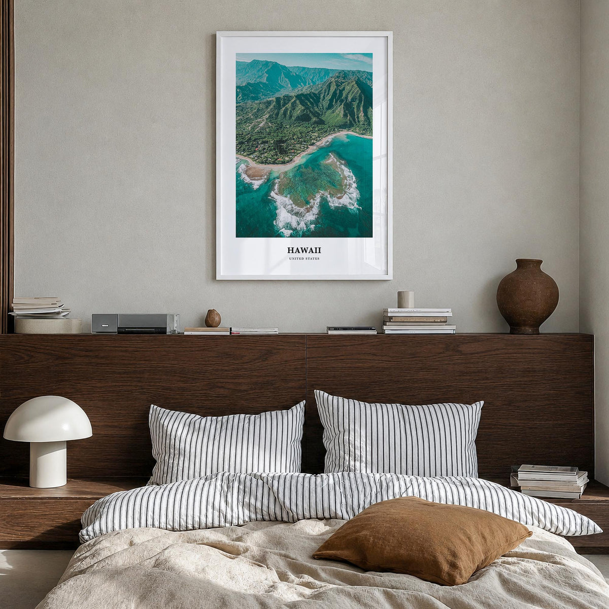 Hawaii no. 2 colorful classic poster of United States – vertical wall art in white wood frame, hanging on wall