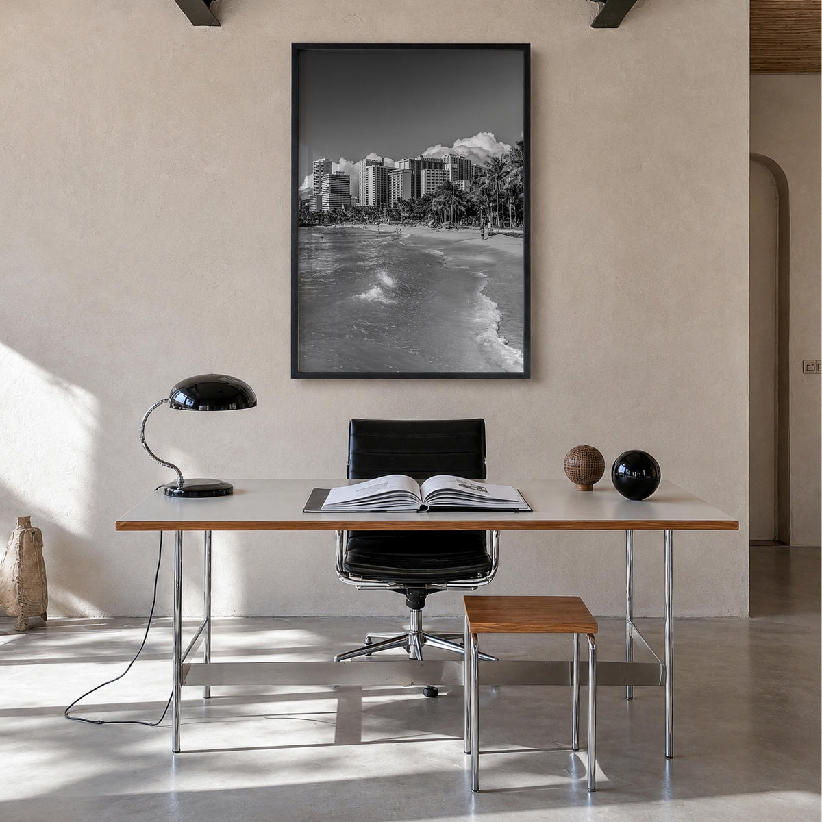 Hawaii no. 3 black & white photo poster of United States – vertical wall art in black wood frame, hanging on wall