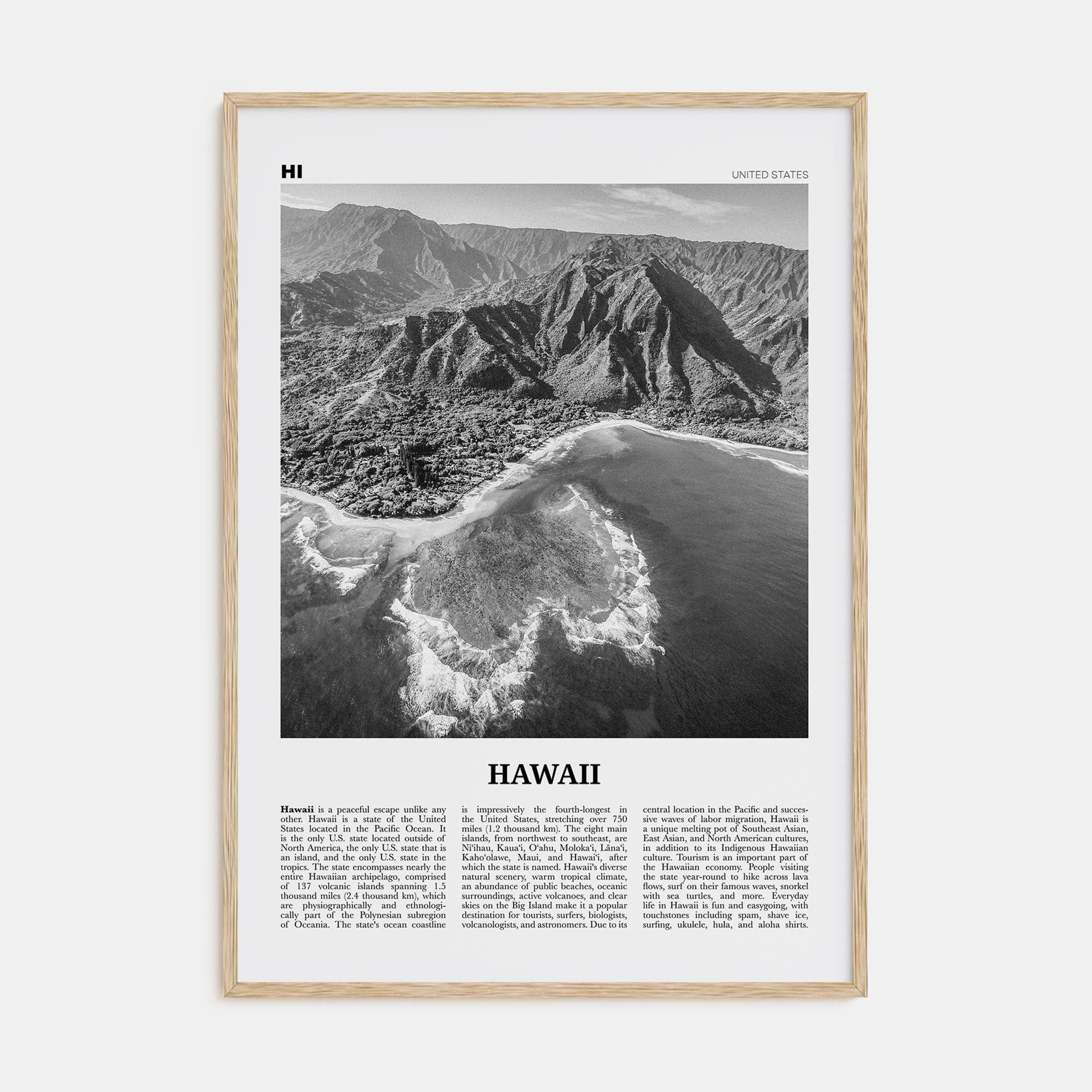 Hawaii No 3 Poster Natural Wood / 8x12 in Nbourhood Travel B&W Poster