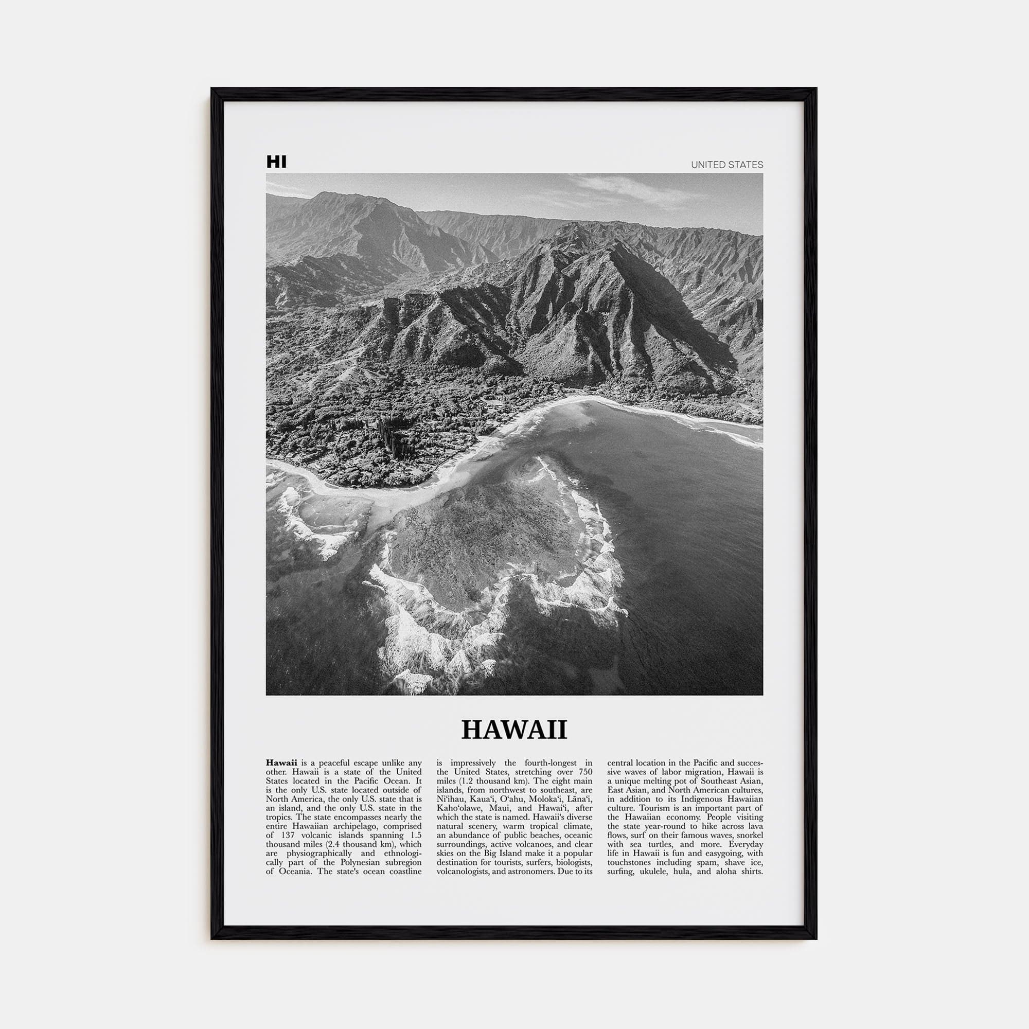 Hawaii No 3 Poster Black Wood / 8x12 in Nbourhood Travel B&W Poster