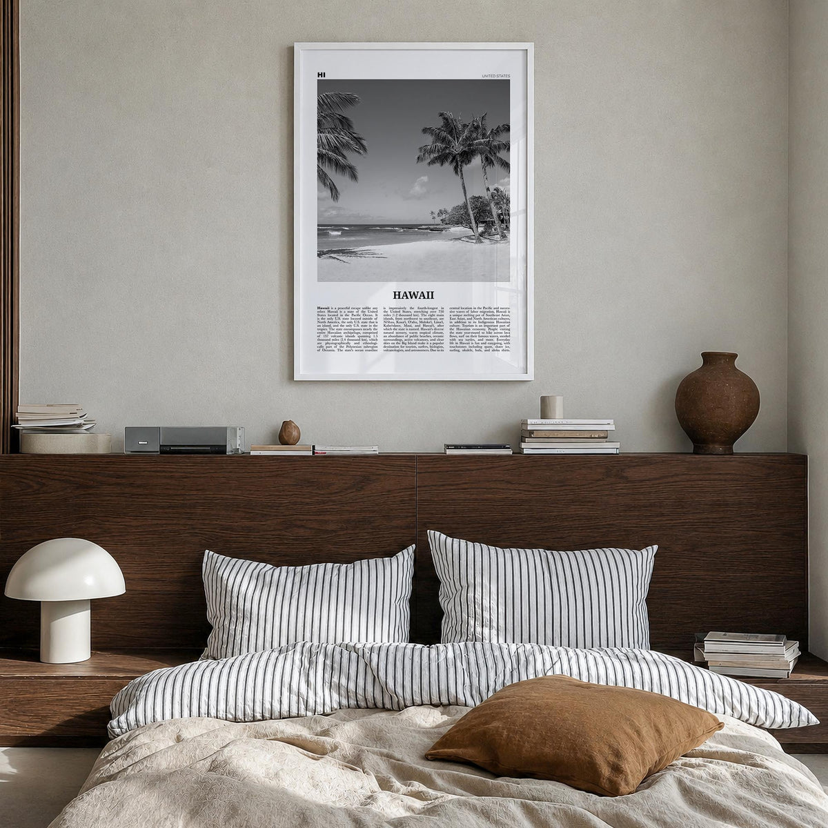 Hawaii no. 4 black & white newspaper poster of United States – vertical wall art in white wood frame, hanging on wall