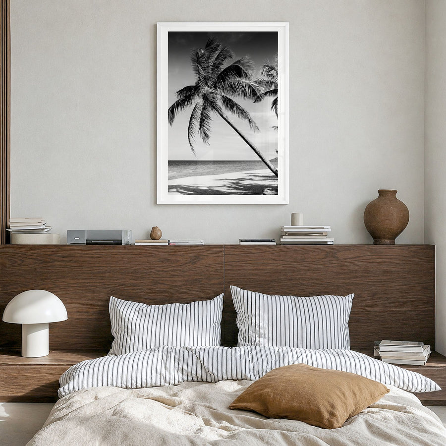 Hawaii Photo No 2 Poster in a white wood frame, hanging in a bedroom, white border