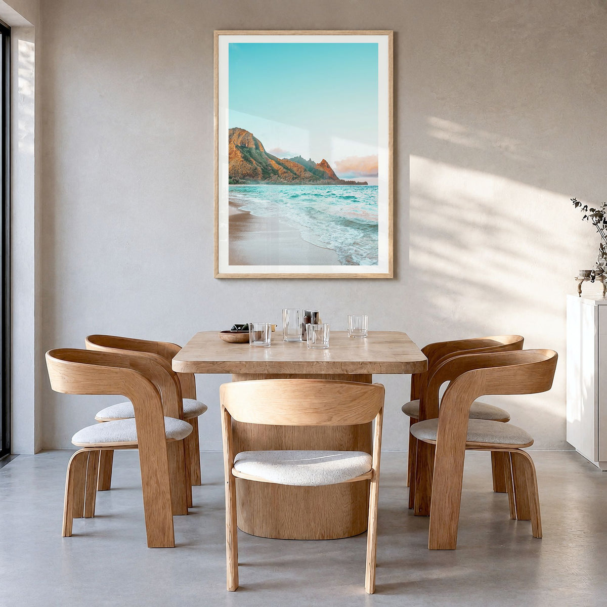 Hawaii Photo No 1 Poster in a natural wood frame, hanging in a dining room, white border