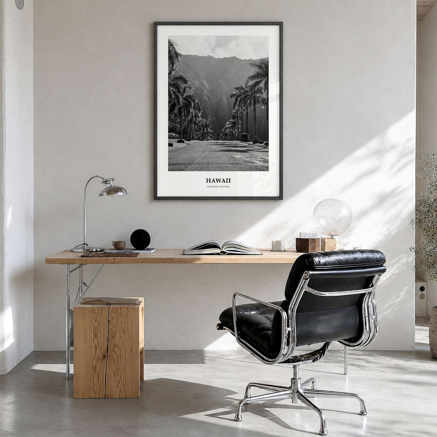 Hawaii Classic No 1 Poster in a black wood frame, hanging in a bright home office