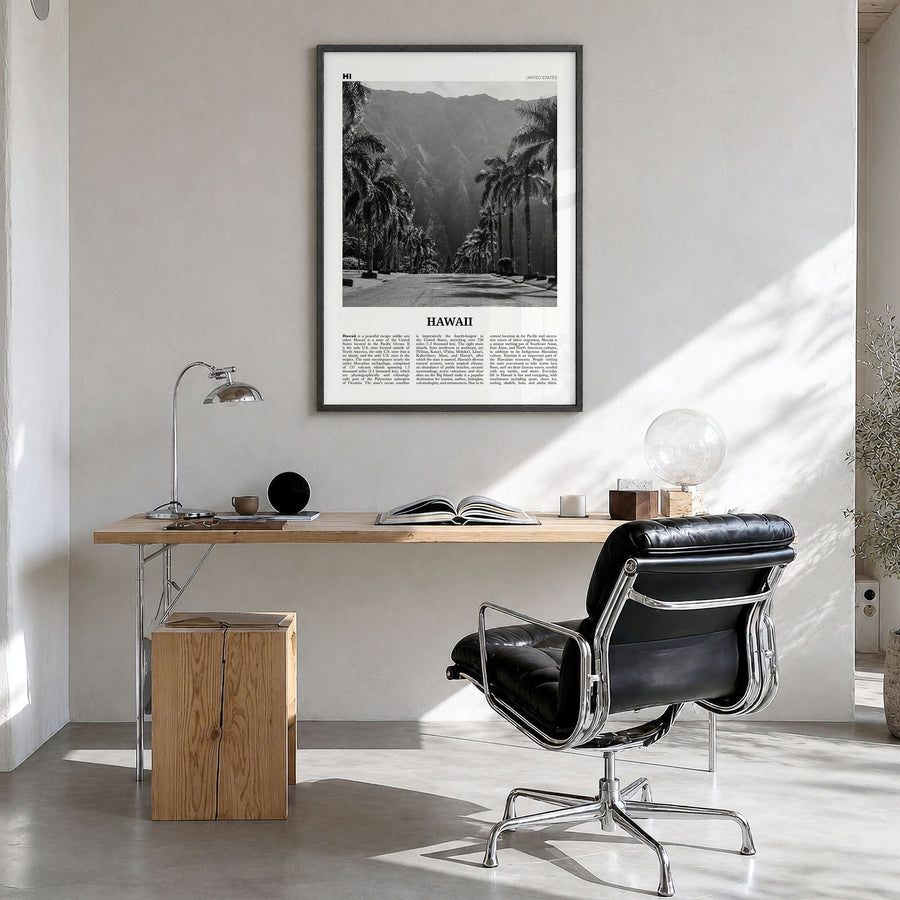 Hawaii Newspaper No 2 Poster in a black wood frame, hanging in a bright home office