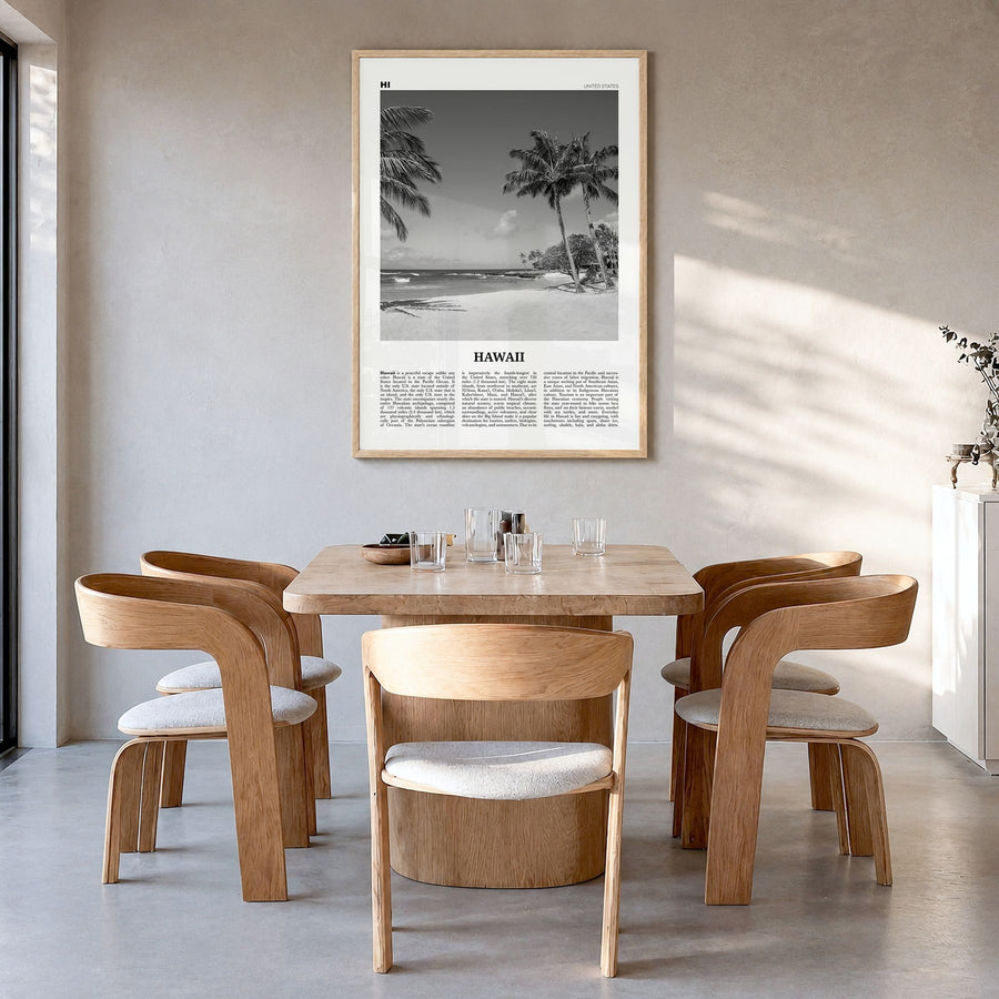 Hawaii Newspaper No 4 Poster in a natural wood frame, hanging in a dining room