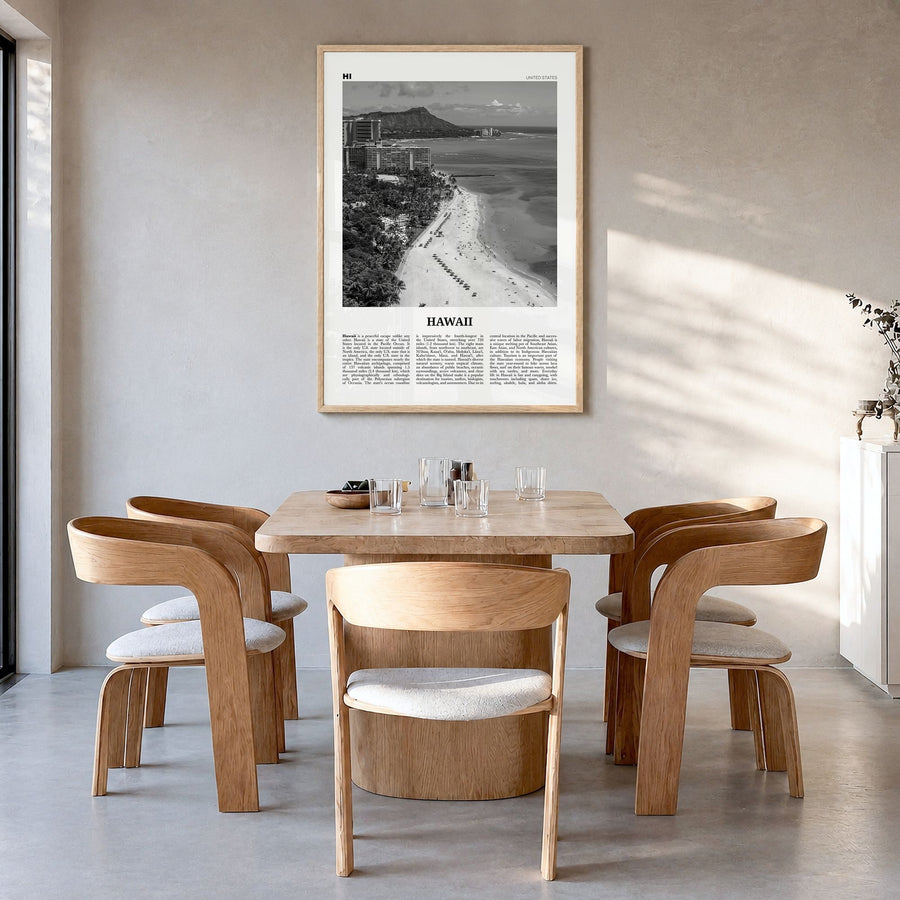 Hawaii Newspaper No 5 Poster in a natural wood frame, hanging in a dining room