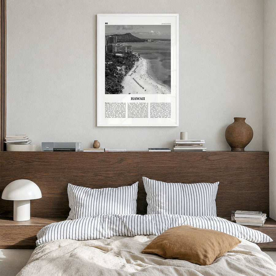 Hawaii Newspaper No 5 Poster in a white wood frame, hanging in a bedroom