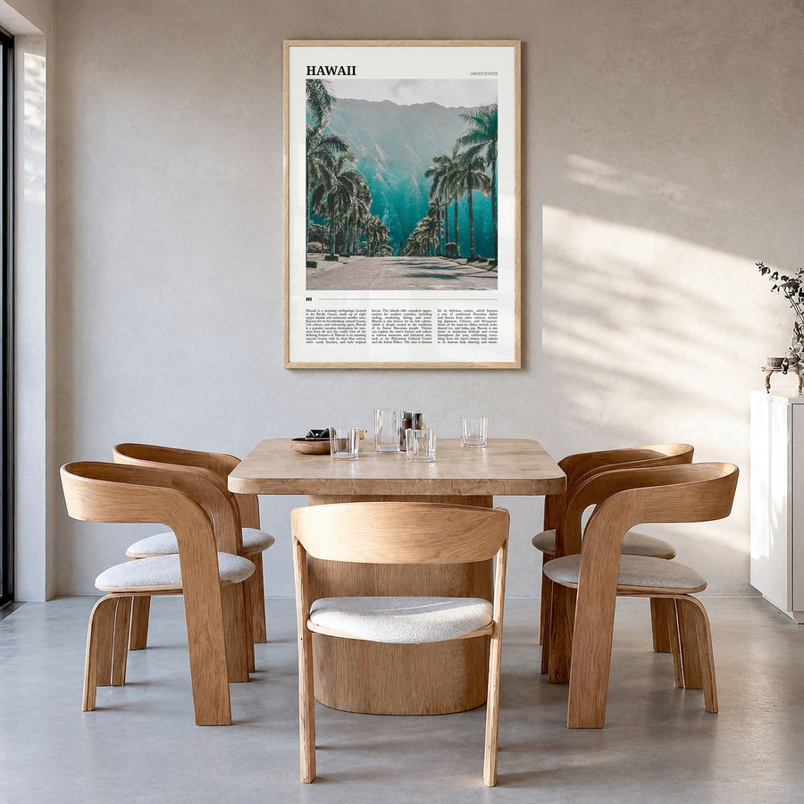 Hawaii Travel No 1 Poster in a natural wood frame, hanging in a dining room