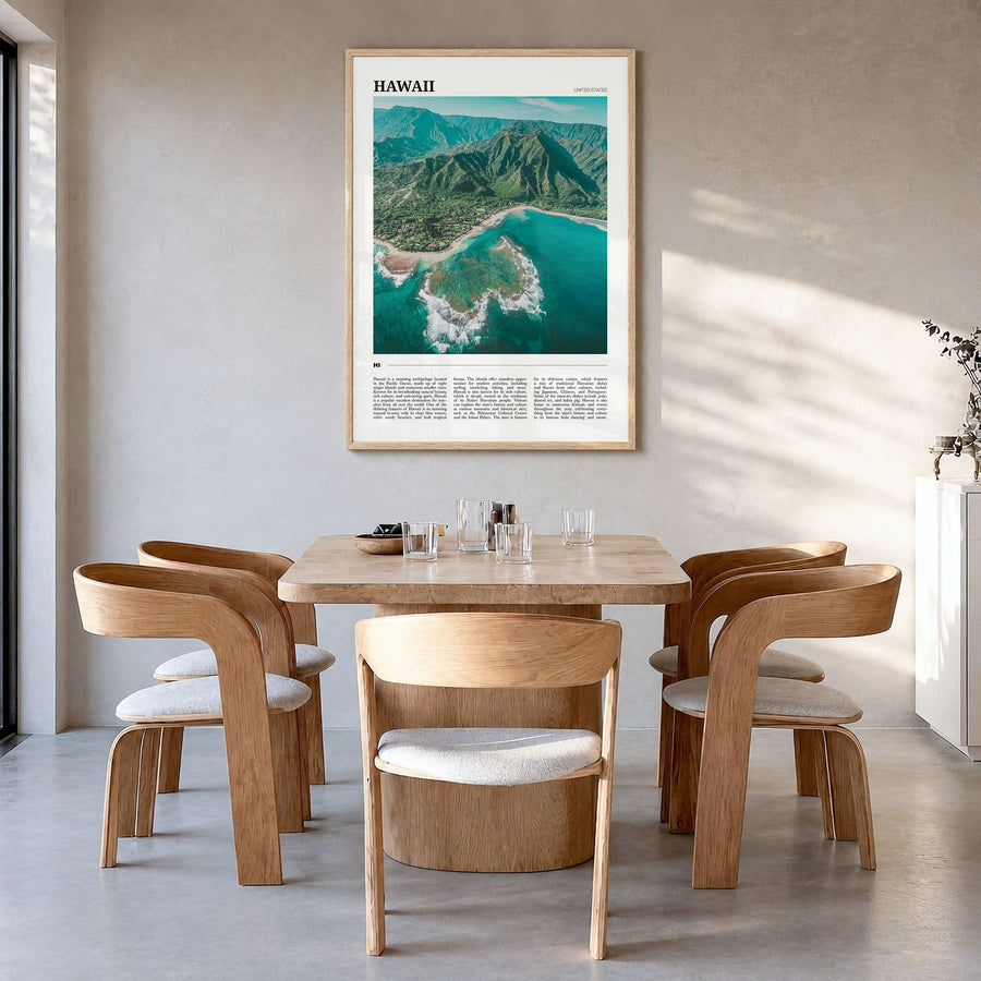 Hawaii Travel No 2 Poster in a natural wood frame, hanging in a dining room