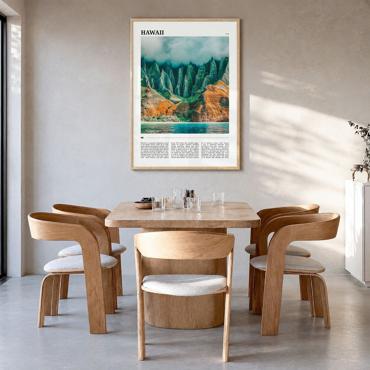 Hawaii Travel No 4 Poster in a natural wood frame, hanging in a dining room