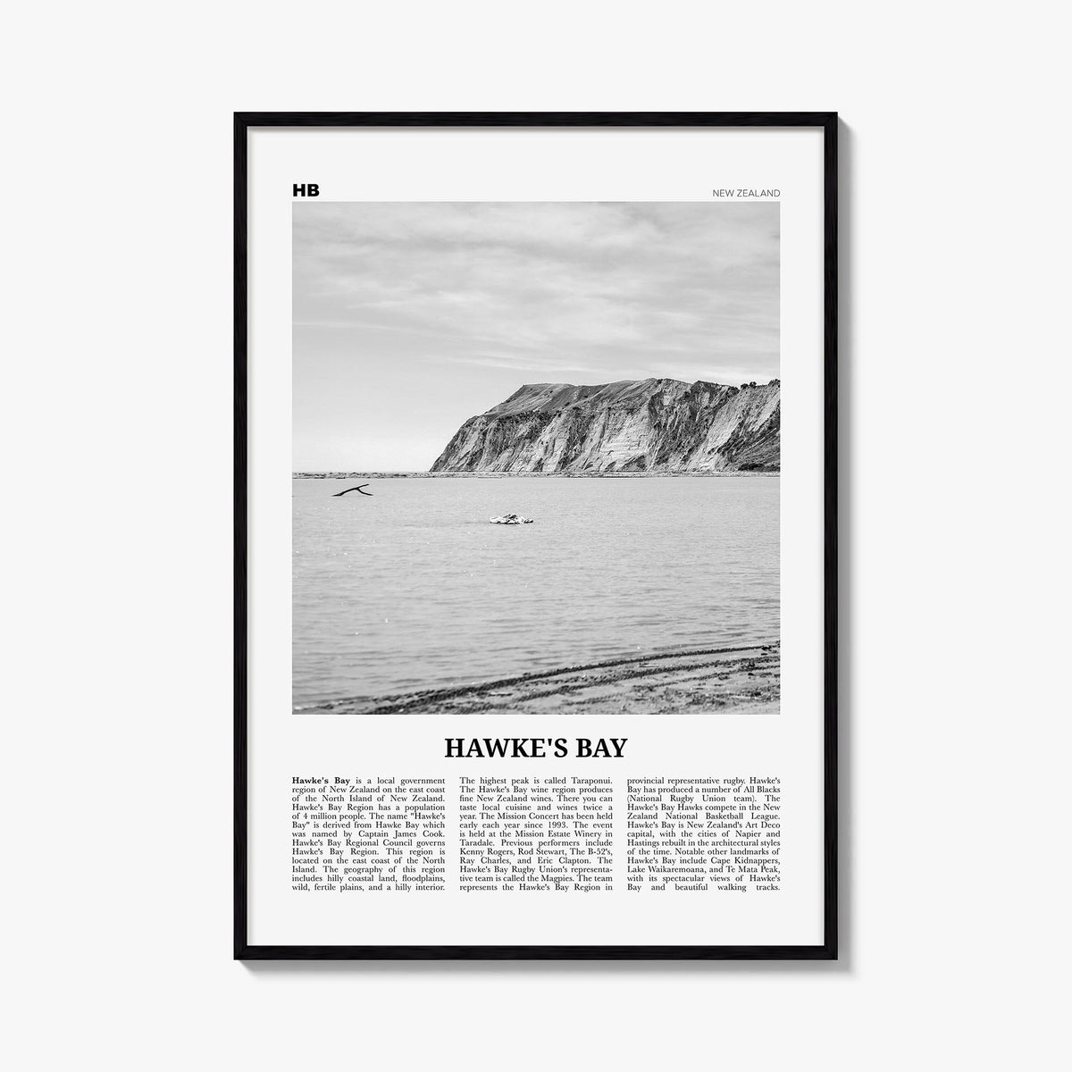 Hawke's Bay black & white newspaper poster of New Zealand – vertical wall art, unframed print shown in interior mockup