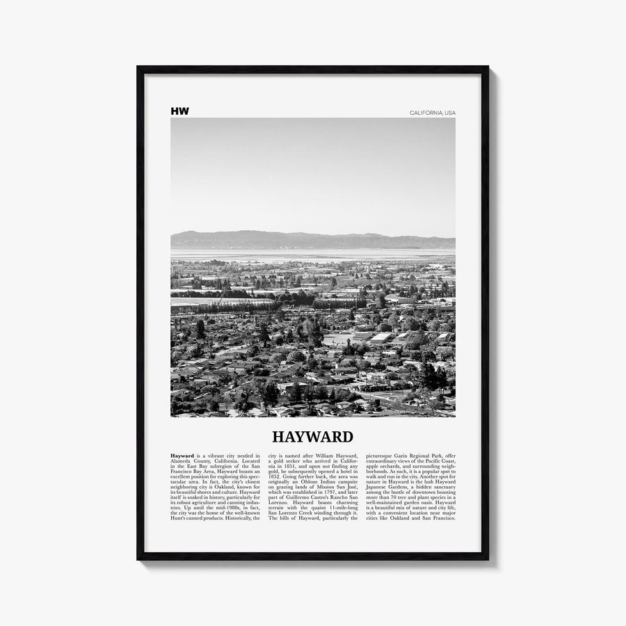 Hayward black & white newspaper poster of California, USA – vertical wall art, unframed print shown in interior mockup