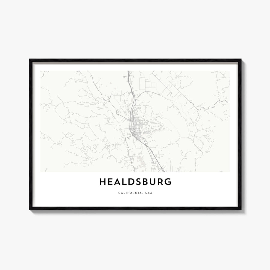 Healdsburg black & white map poster of California, USA – horizontal wall art, unframed print shown in interior mockup