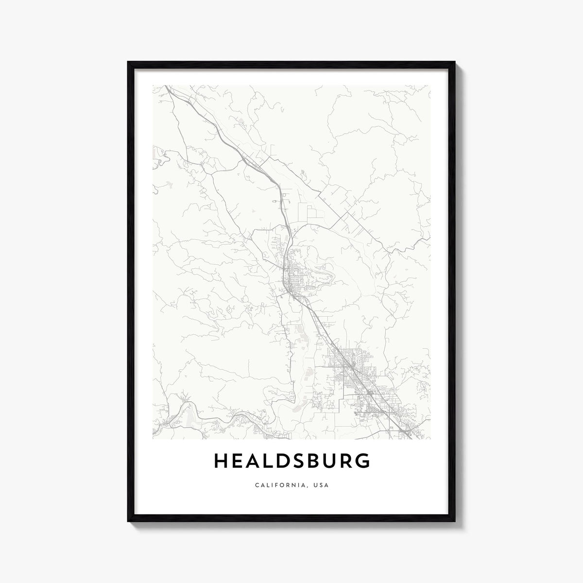 Healdsburg black & white map poster of California, USA – vertical wall art, unframed print shown in interior mockup