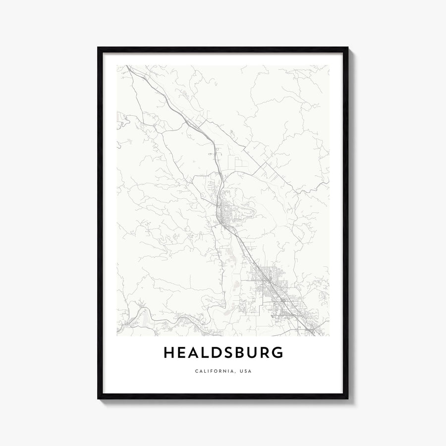 Healdsburg black & white map poster of California, USA – vertical wall art, unframed print shown in interior mockup