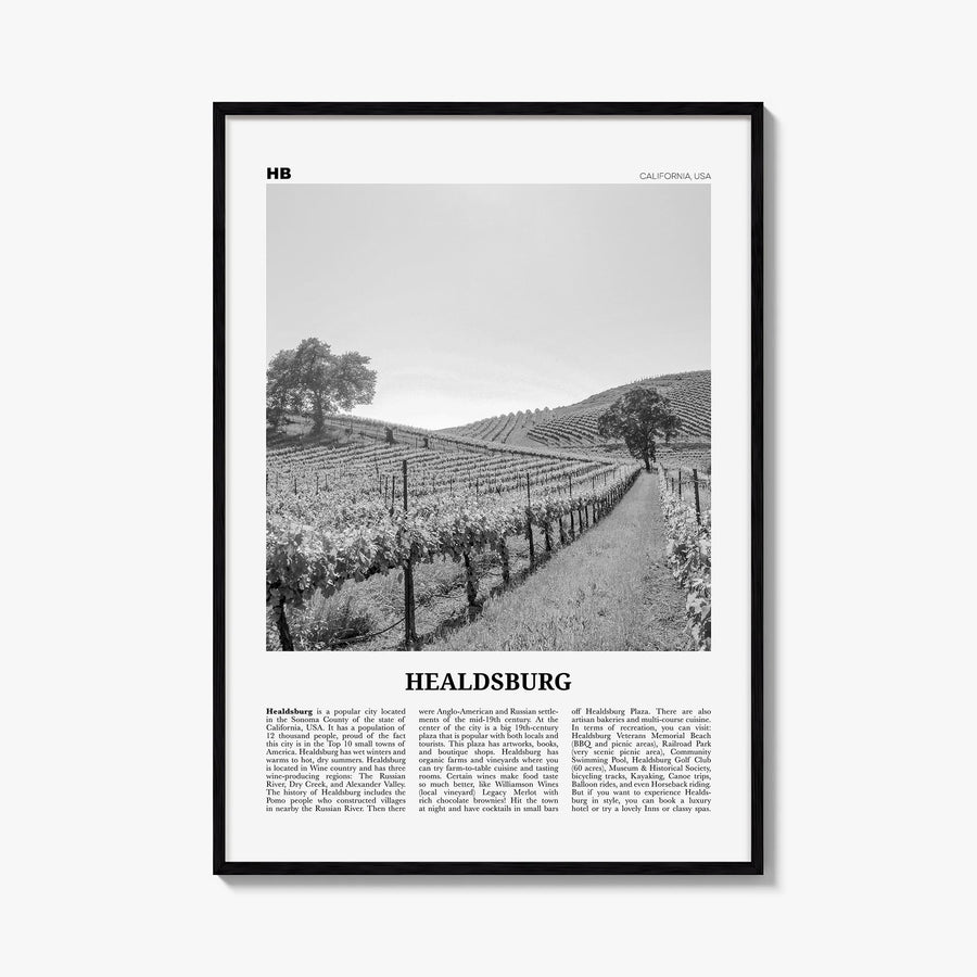 Healdsburg black & white newspaper poster of California, USA – vertical wall art, unframed print shown in interior mockup