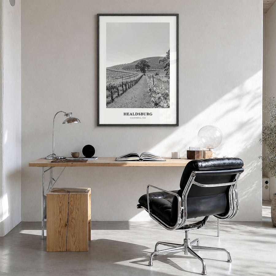 Healdsburg Classic Poster in a black wood frame, hanging in a bright home office