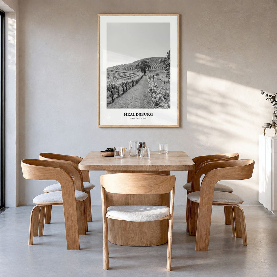 Healdsburg Classic Poster in a natural wood frame, hanging in a dining room