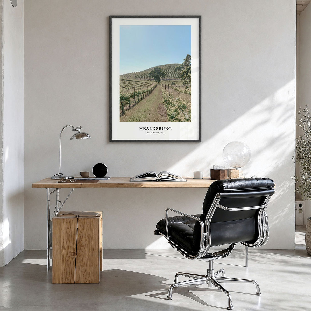 Healdsburg Classic Poster in a black wood frame, hanging in a bright home office