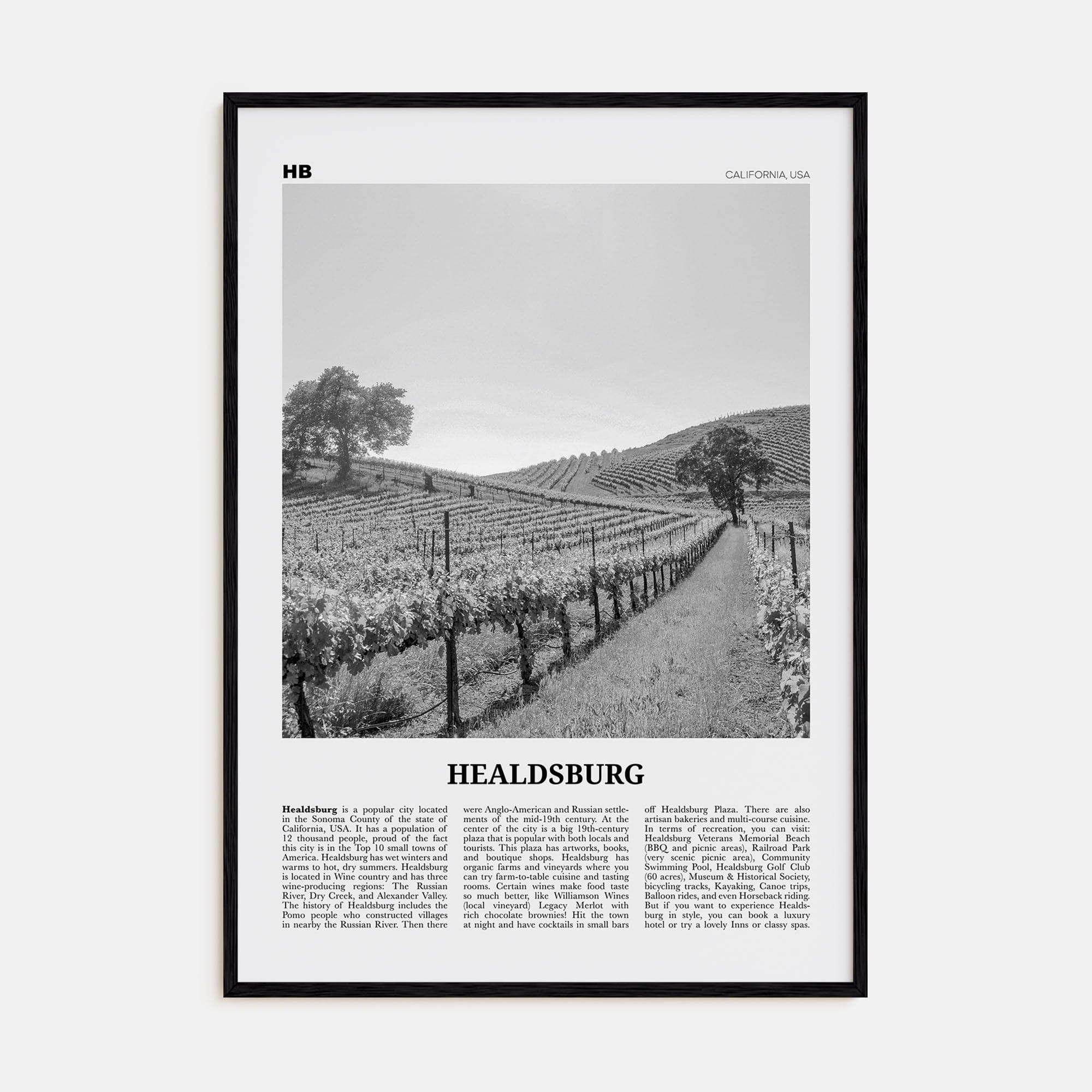 Healdsburg Poster Black Wood / 8x12 in Nbourhood Travel B&W Poster