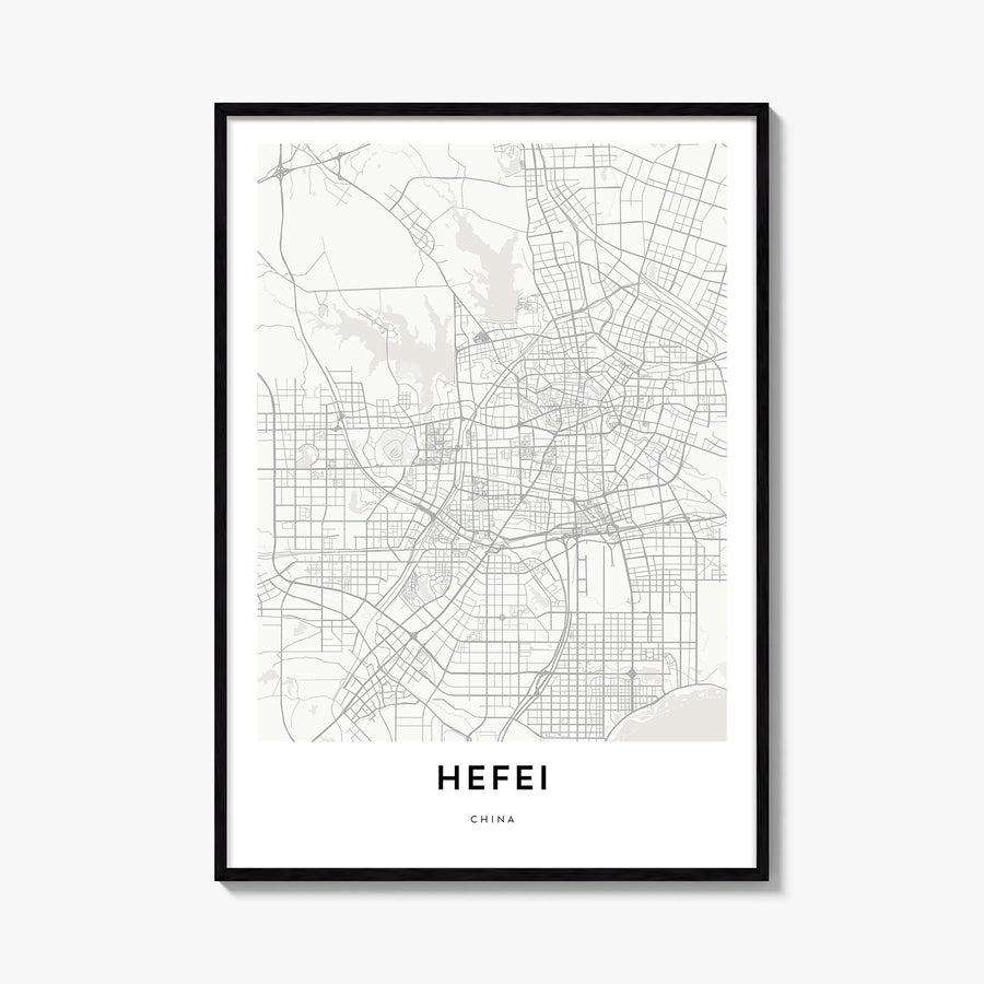 Hefei black & white map poster of China – vertical wall art, unframed print shown in interior mockup
