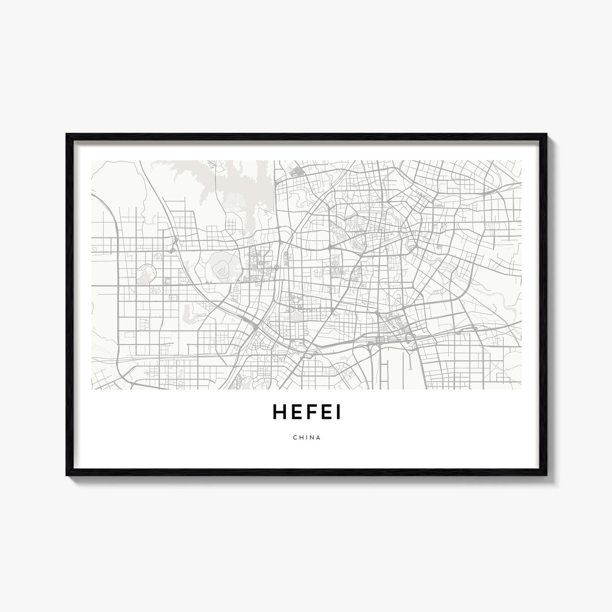 Hefei black & white map poster of China – horizontal wall art, unframed print shown in interior mockup