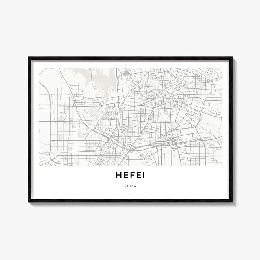 Hefei black & white map poster of China – horizontal wall art, unframed print shown in interior mockup