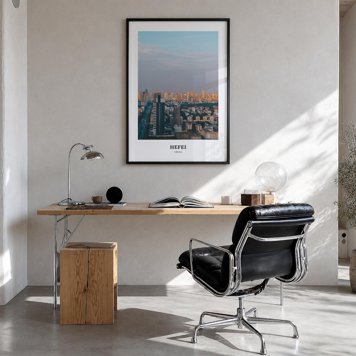 Hefei colorful classic poster of China – vertical wall art in black wood frame, hanging on wall