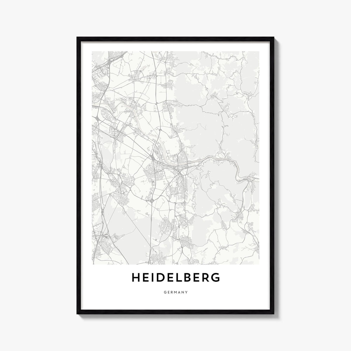 Heidelberg black & white map poster of Germany – vertical wall art, unframed print shown in interior mockup