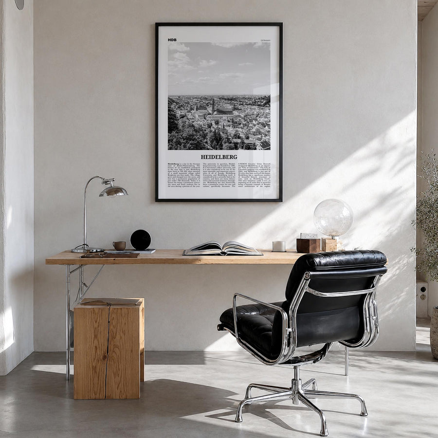 Heidelberg black & white newspaper poster of Germany – vertical wall art in black wood frame, hanging on wall