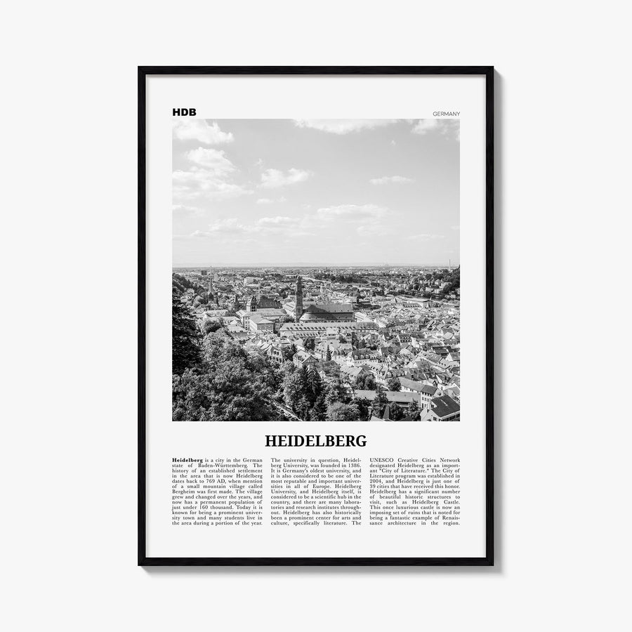 Heidelberg black & white newspaper poster of Germany – vertical wall art, unframed print shown in interior mockup