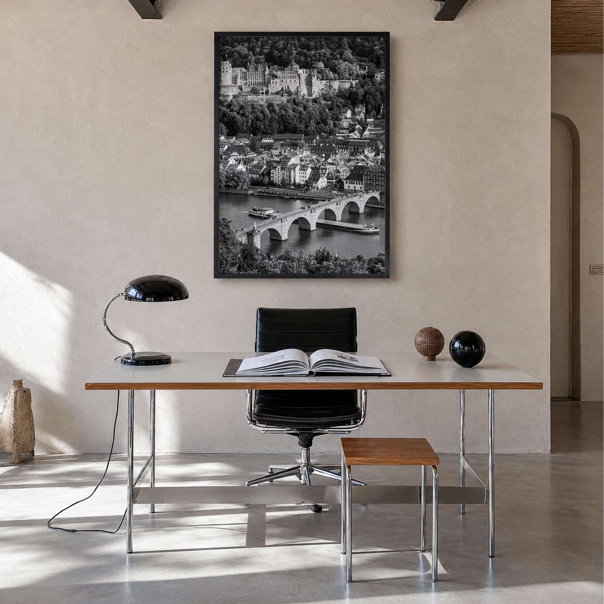 Heidelberg black & white photo poster of Germany – vertical wall art in black wood frame, hanging on wall