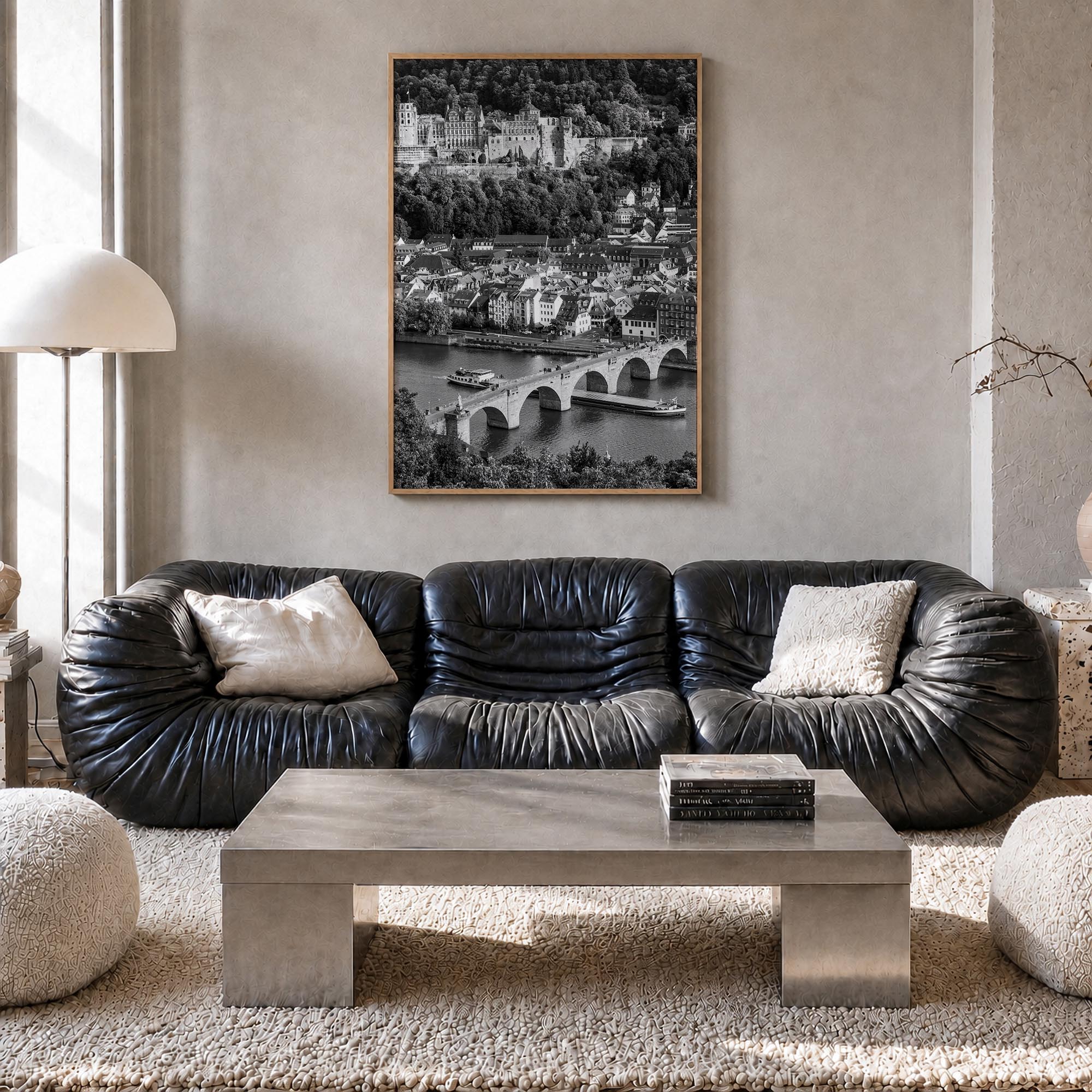 Heidelberg black & white photo poster of Germany – vertical wall art in natural wood frame, hanging on wall