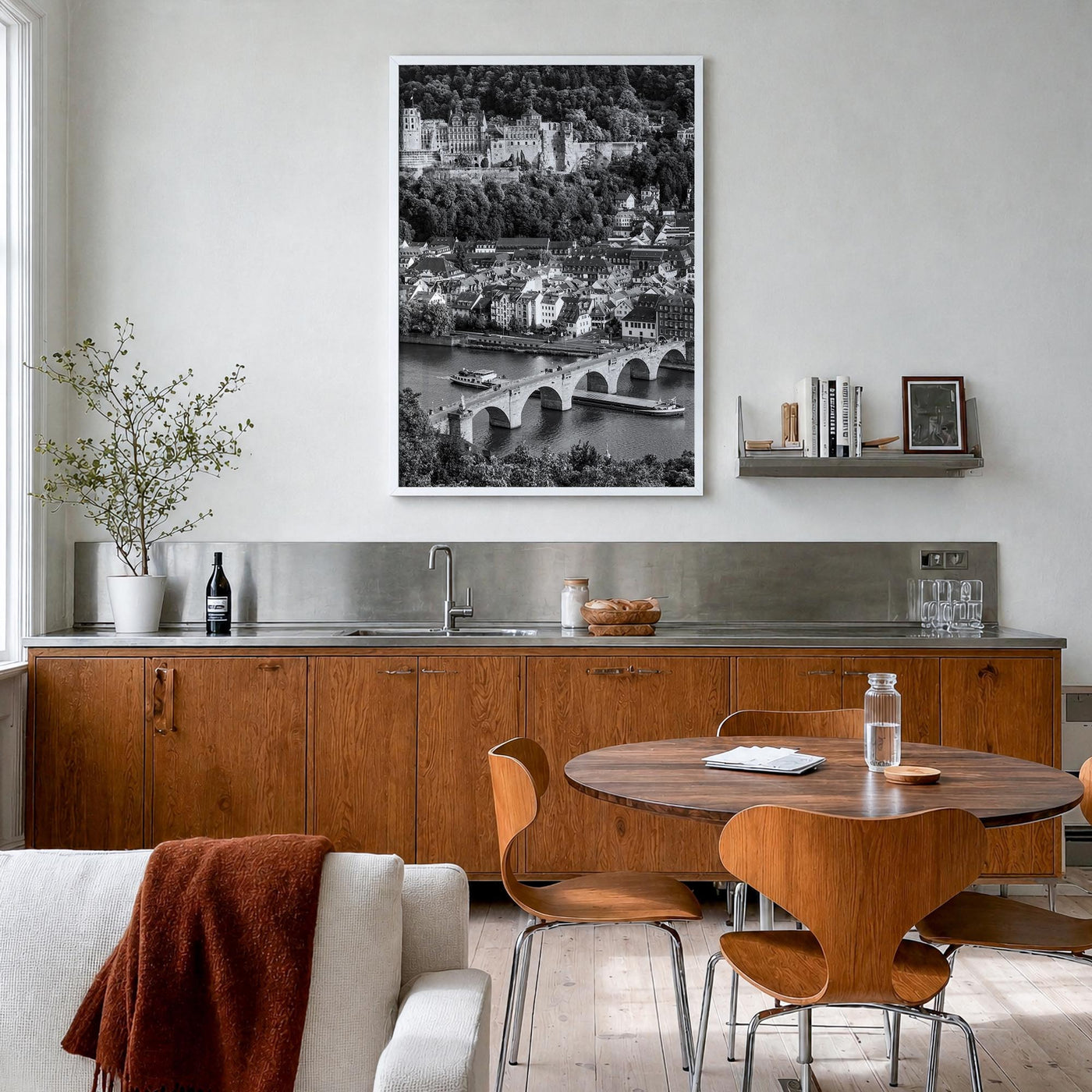 Heidelberg black & white photo poster of Germany – vertical wall art in white wood frame, hanging on wall