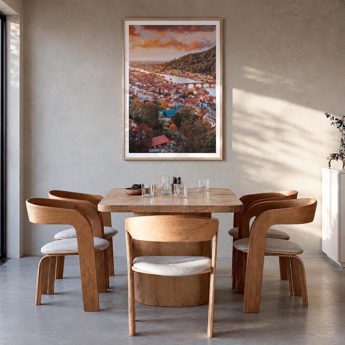 Heidelberg colorful photo poster of Germany – vertical wall art in natural wood frame with white border, hanging on wall