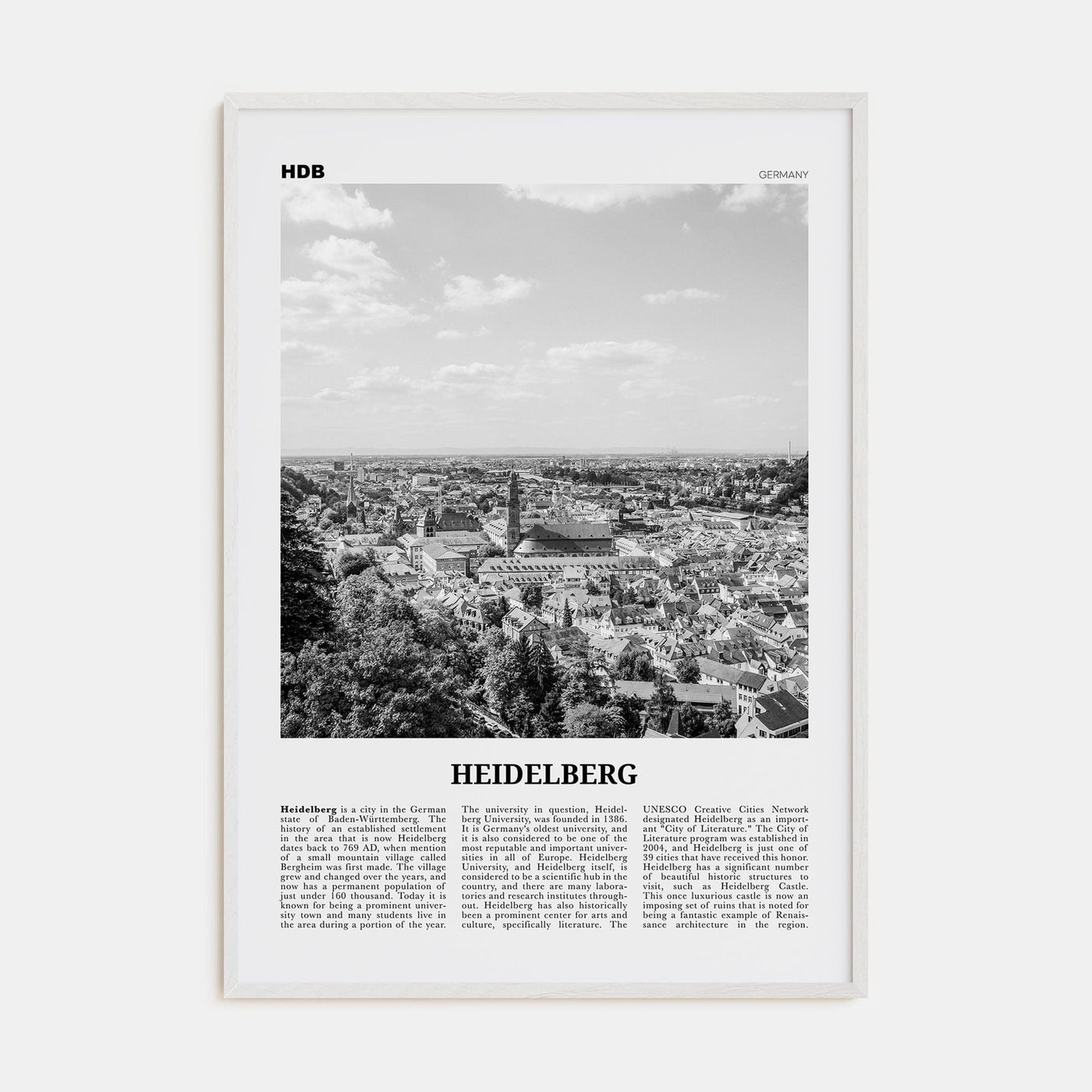 Heidelberg Poster White Wood / 8x12 in Nbourhood Travel B&W Poster