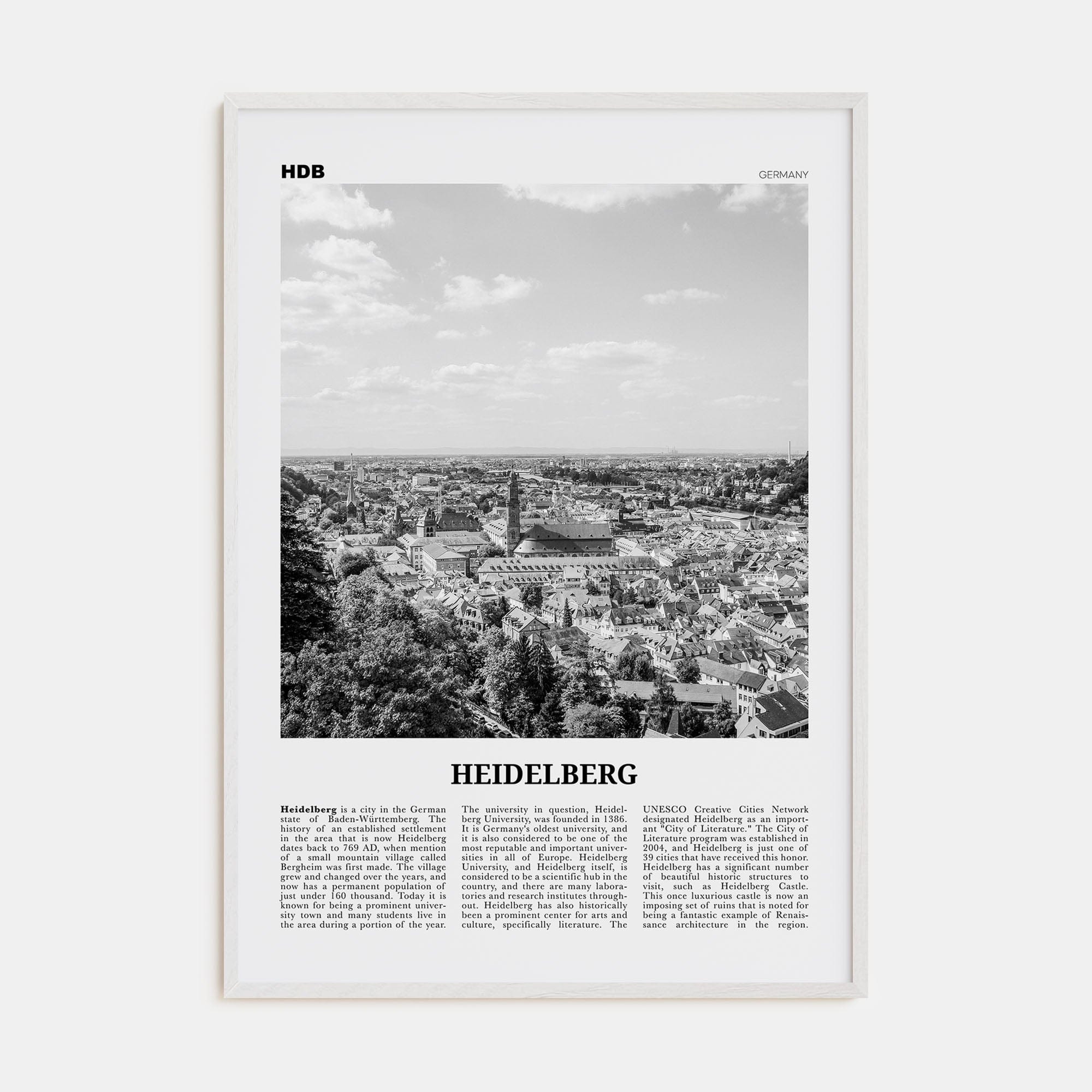 Heidelberg Poster White Wood / 8x12 in Nbourhood Travel B&W Poster