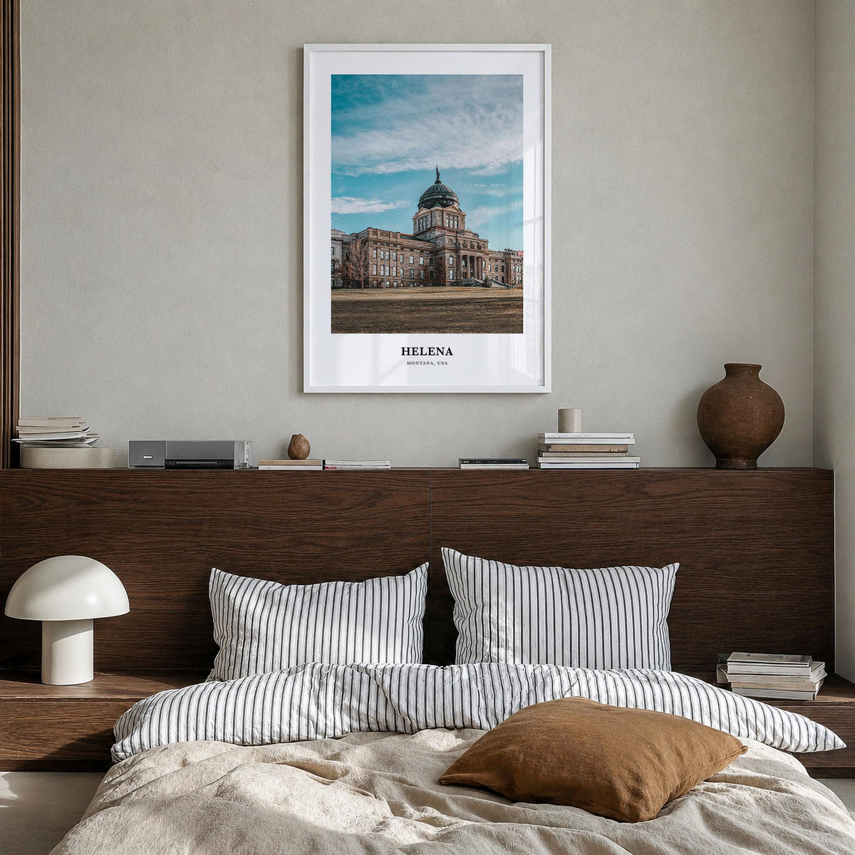 Helena colorful classic poster of Montana, USA – vertical wall art in white wood frame, hanging on wall