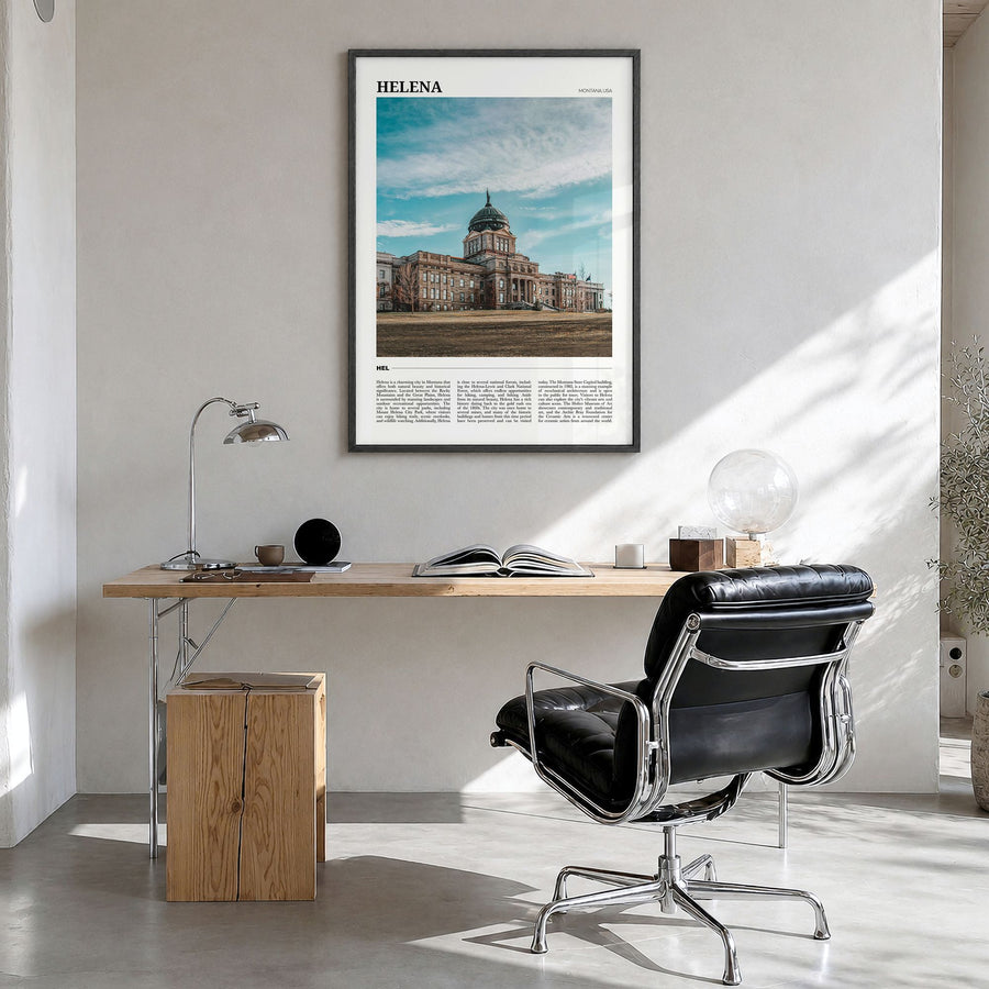 Helena Travel Poster in a black wood frame, hanging in a bright home office