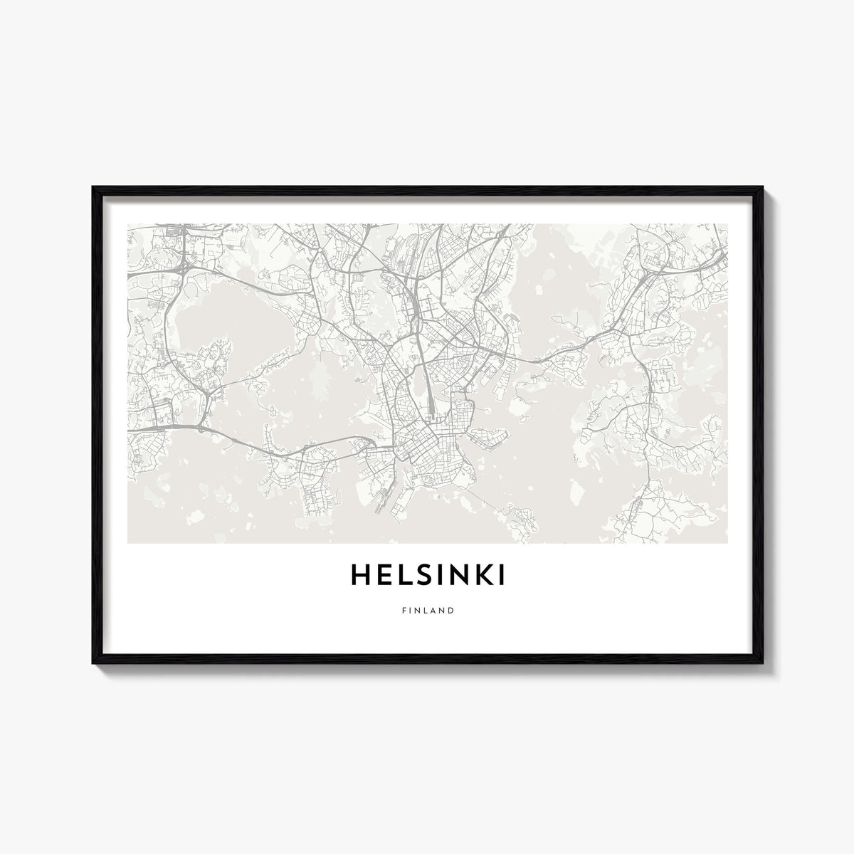 Helsinki black & white map poster of Finland – horizontal wall art, unframed print shown in interior mockup