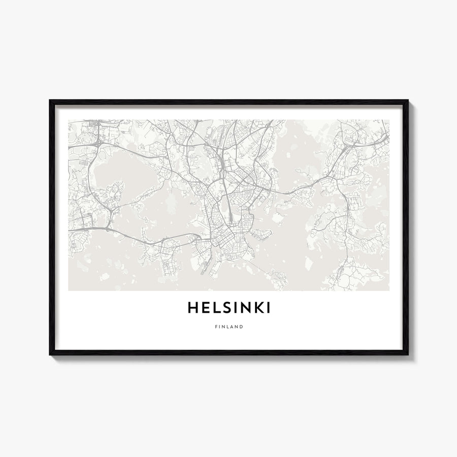 Helsinki black & white map poster of Finland – horizontal wall art, unframed print shown in interior mockup